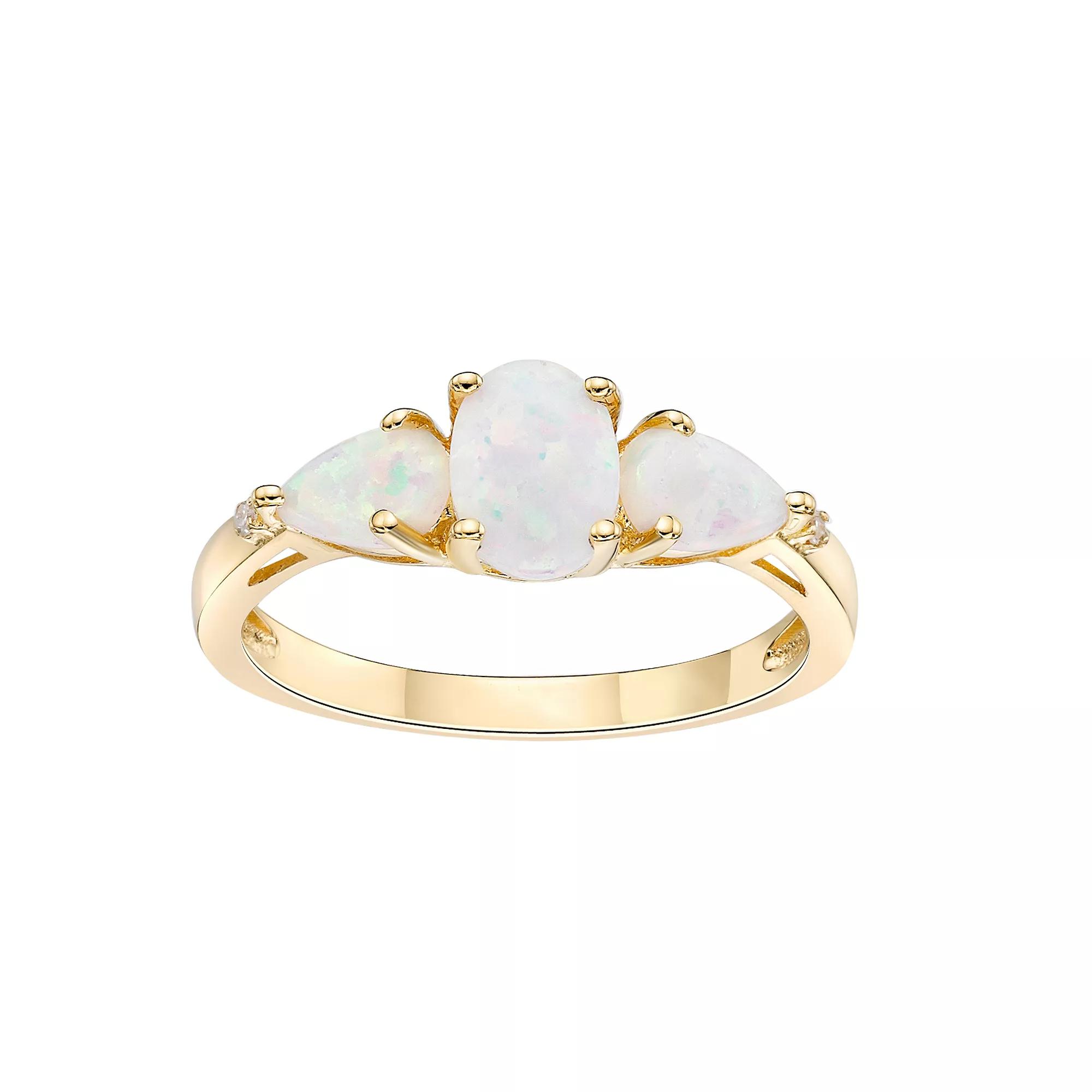 Gemminded 18k Gold Over Silver Lab-Created Opal & Diamond Accent 3-Stone Ring, Women's, Size: 7, Gold Tone Product Image