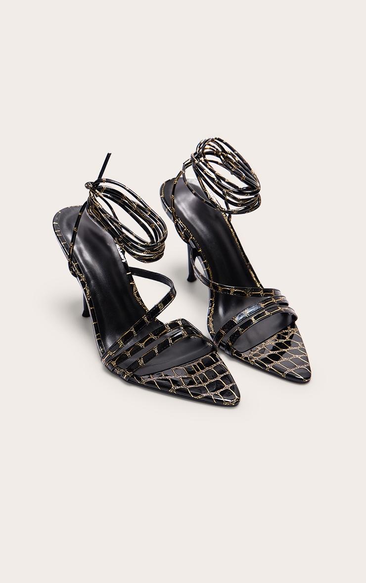 Black Contrast Croc Pu Point Toe Lace Up Heeled Sandals Product Image