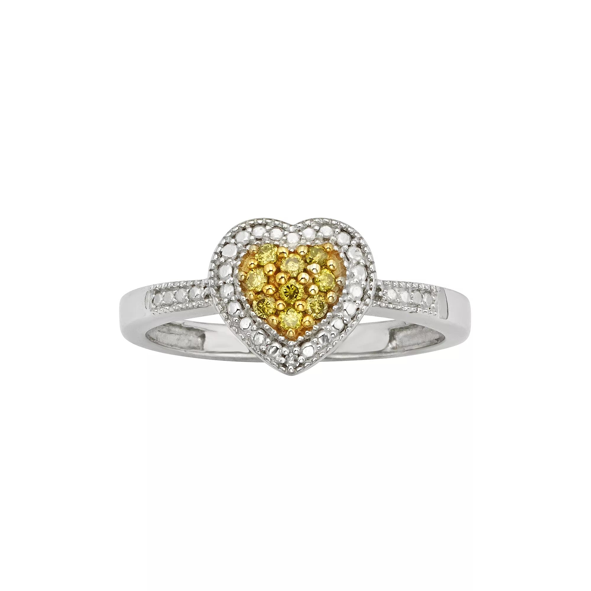 Jewelexcess Sterling Silver 1/10-ct. T.W. Yellow and White Diamond Heart Ring, Women's,  Product Image