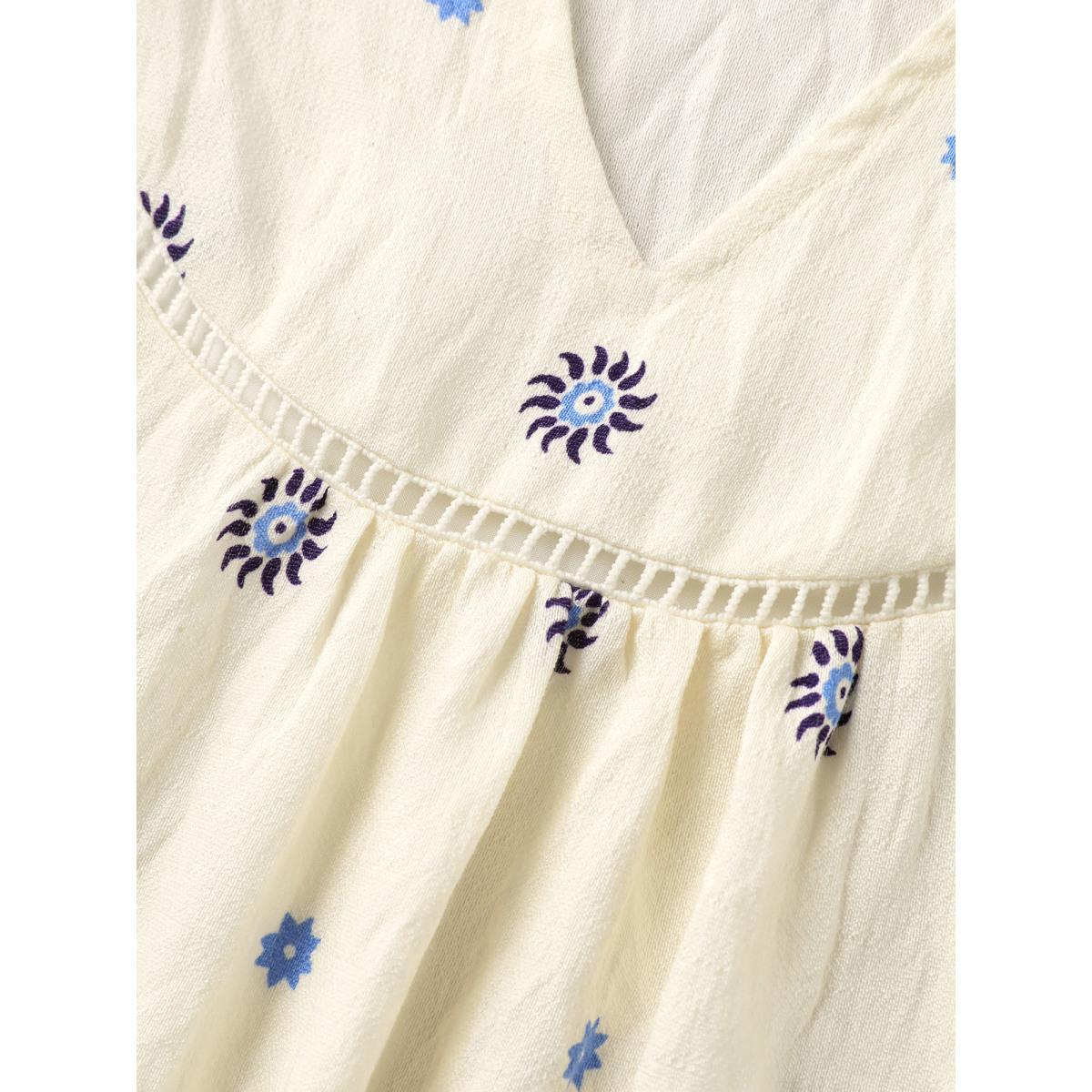 Plus Size LightBlue Boho Print Notched Collar Blouse Women Boho Short sleeve Flat collar with V-notch Vacation Blouses BloomChic 18-20/2X Product Image