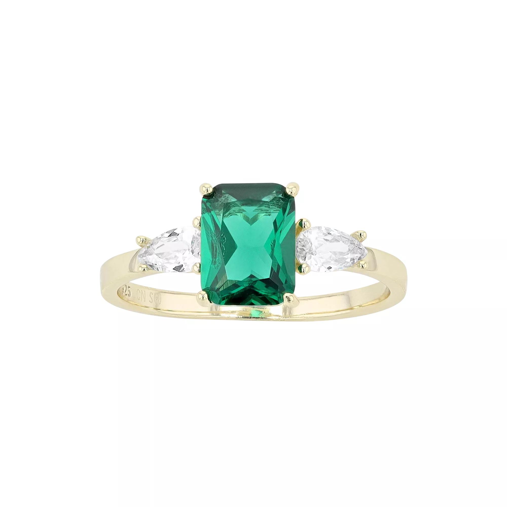 14k Gold Over Silver Green & White Cubic Zirconia 3-Stone Ring, Womens Gold Tone Product Image