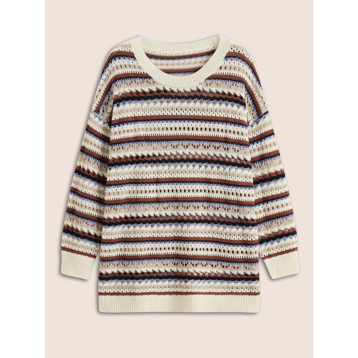 Plus Size Striped Contrast Drop Shoulder Hollow Out Pullover Beige Women Casual Long Sleeve Round Neck Everyday Pullovers BloomChic 22-24/3X Product Image