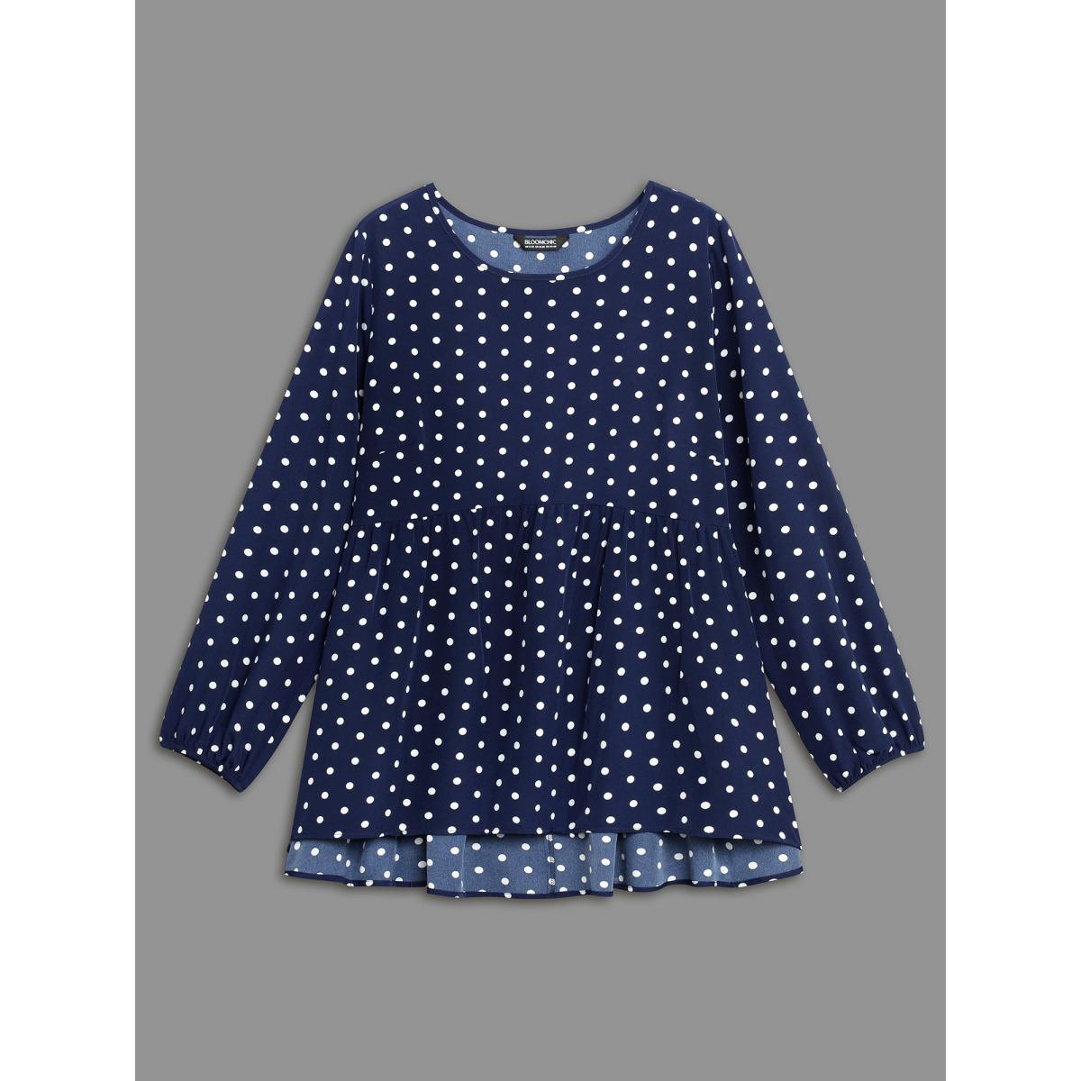 Plus Size Indigo Polka Dot Gathered Lantern Sleeve Blouse Women Elegant Long Sleeve Round Neck Everyday Blouses BloomChic 28/5X Product Image