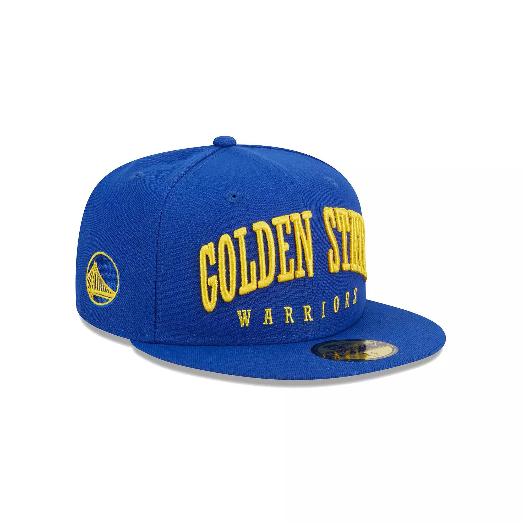 Men's New Era Royal Golden State Warriors Big Arch Text 59FIFTY Fitted Hat, Size: 6 7/8, Blue Product Image
