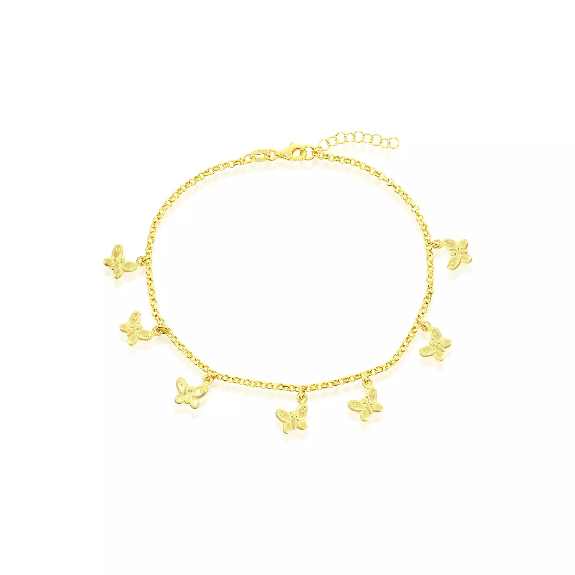 Argento Bella Gold Over Silver Butterfly Charms Rolo Chain Anklet, Women's, Size: 9-10" ADJ, Gold Tone Product Image