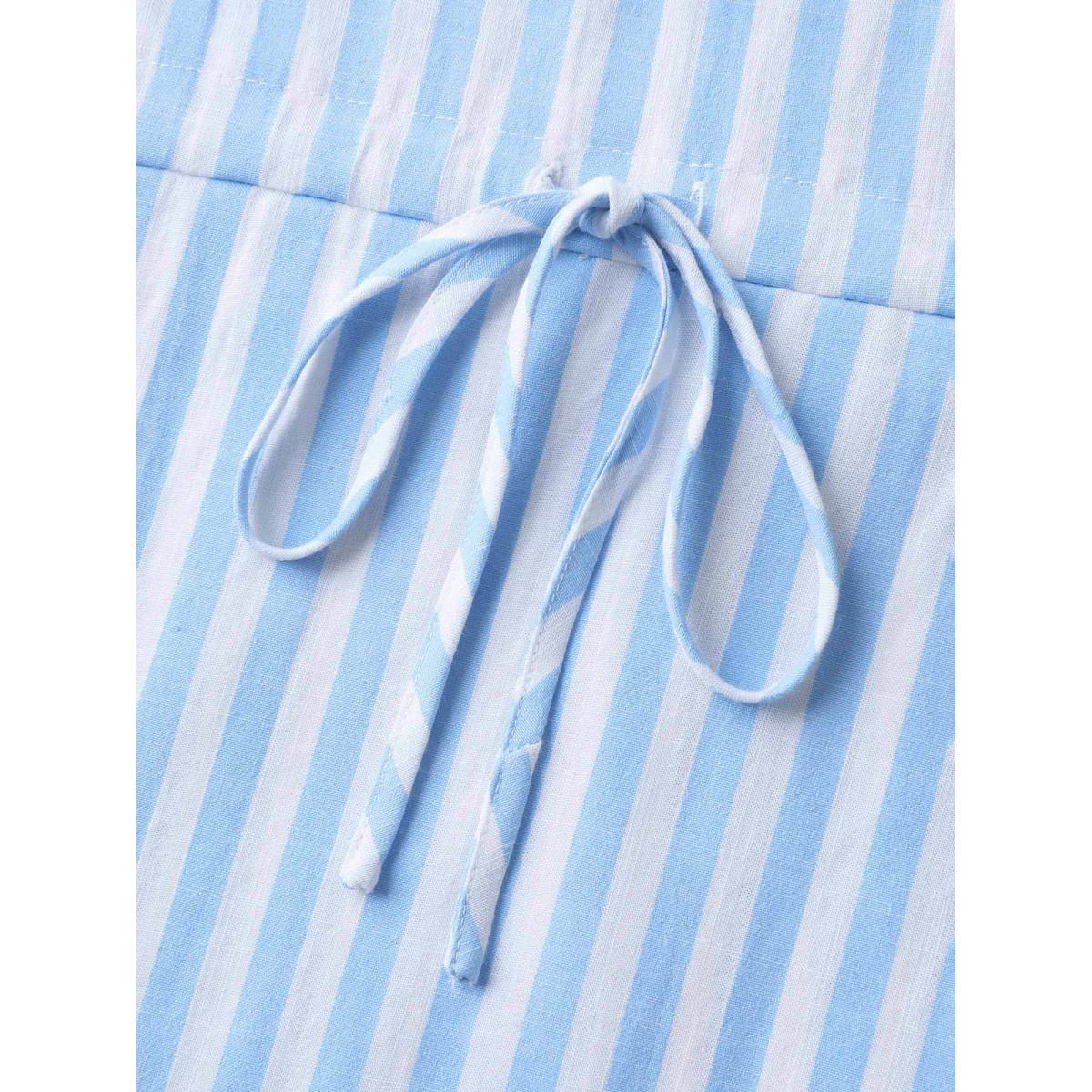 Plus Size LightBlue Cotton Linen Blend Striped Tied Blouse Women Elbow-length sleeve Round Neck Everyday-Elegant Blouses BloomChic 14-16/1X Product Image