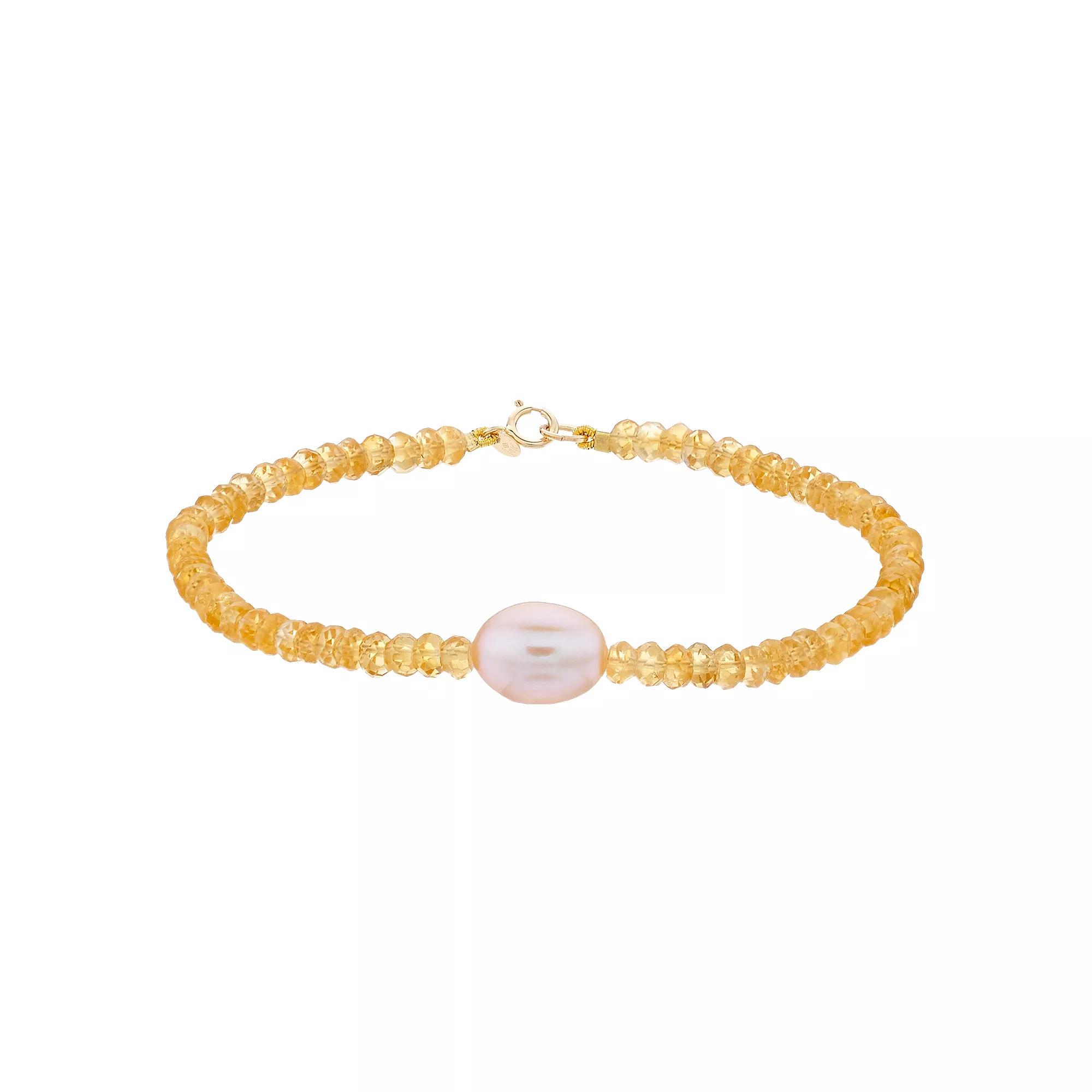 Jewelmak 14k Gold Citrine Rondelle Pink Freshwater Cultured Pearl Bracelet, Women's Product Image