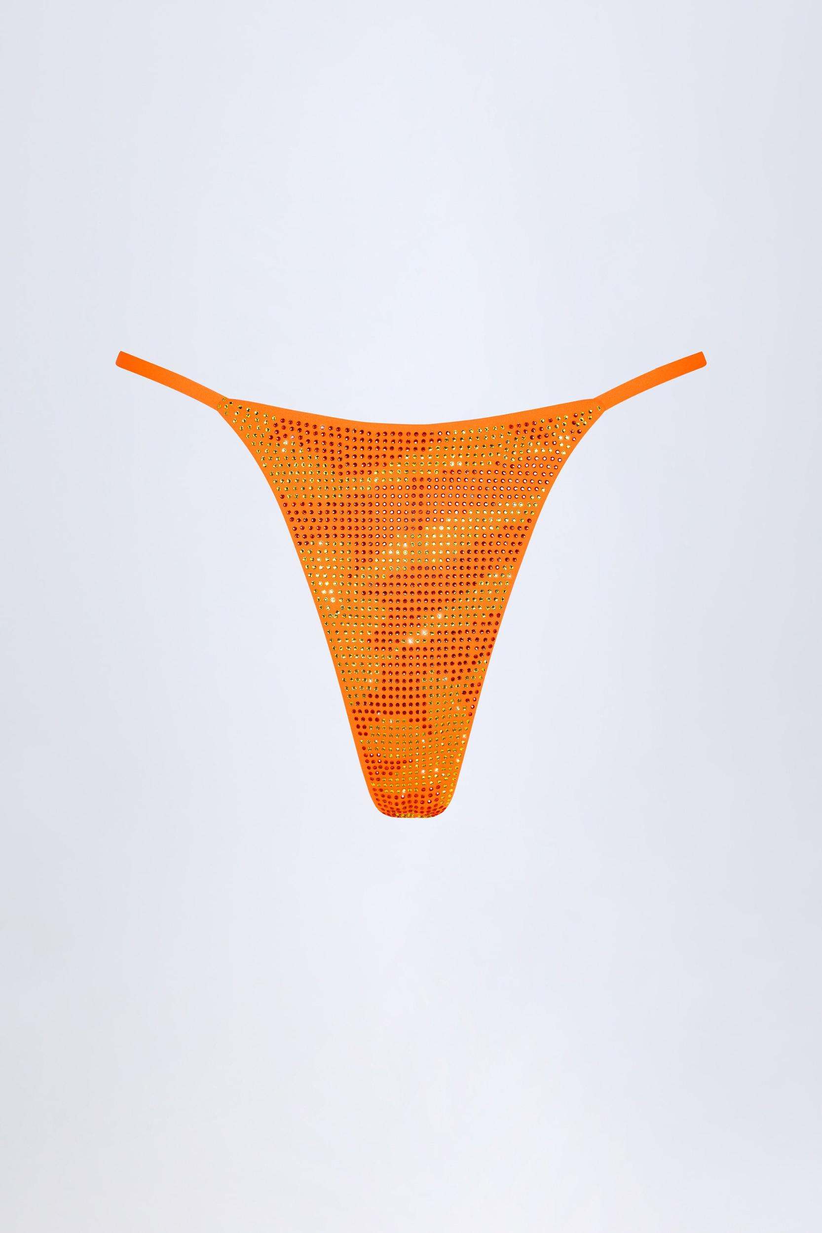 Embellished Thong Bikini Bottoms in Orange Tropical Print Product Image
