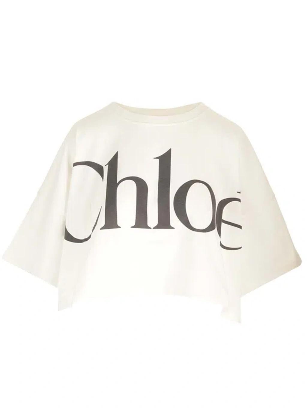 CHLOÉ White Cropped Crewneck T-shirt With Maxi Logo Print On The Front In Cotton Woman In Multicolor Product Image
