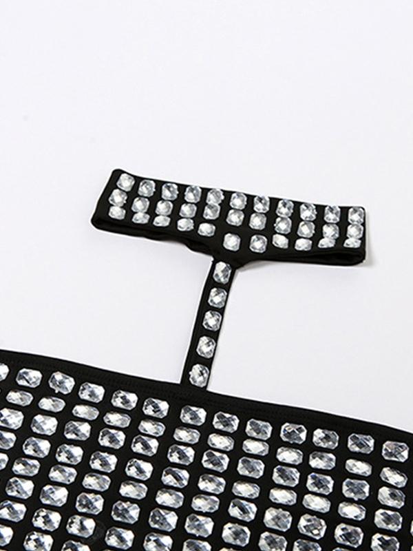 Rhinestone Decor Tie Up Backless Halter Vest Product Image