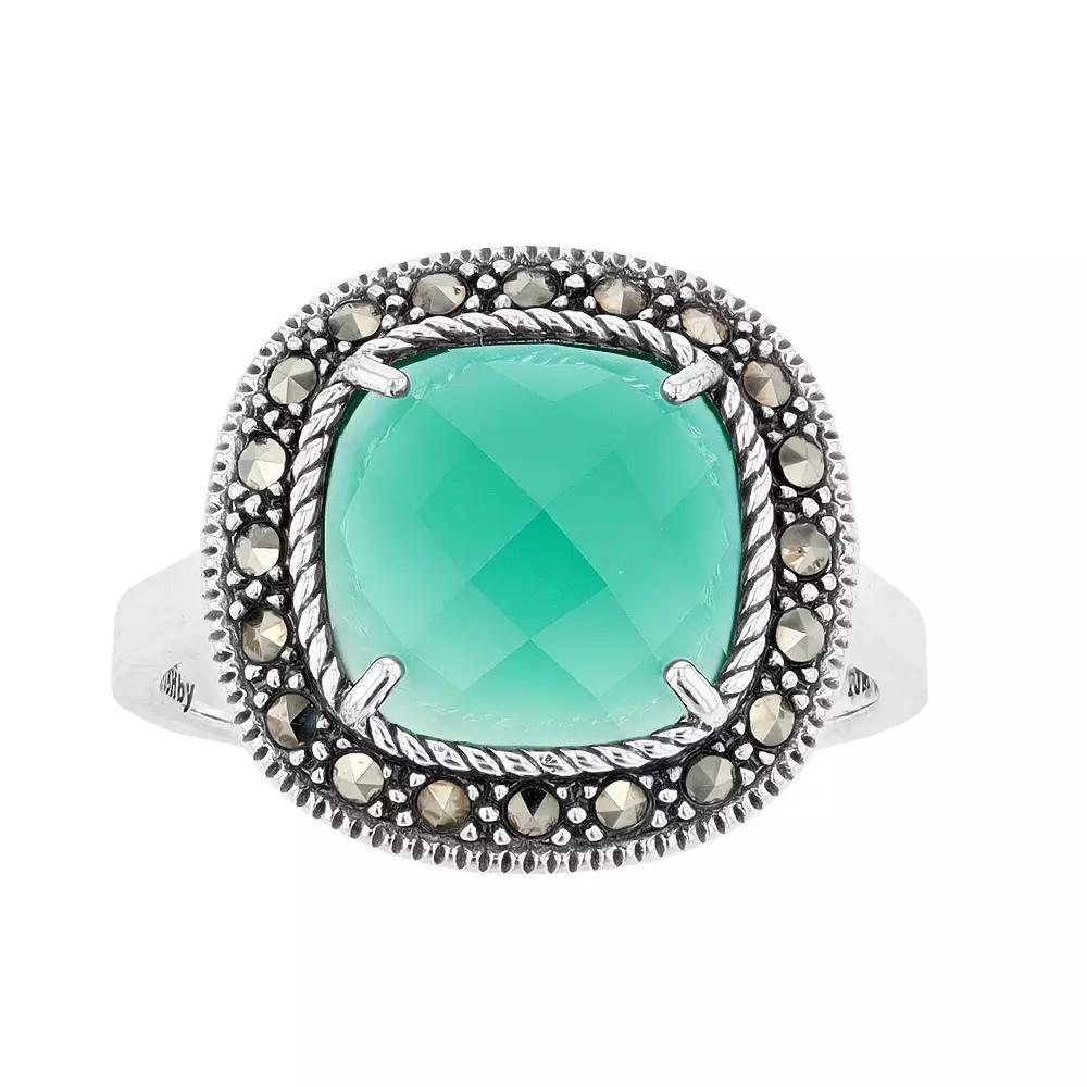Lavish by TJM Sterling Silver Cushion Green Agate & Marcasite Ring, Women's,  Product Image