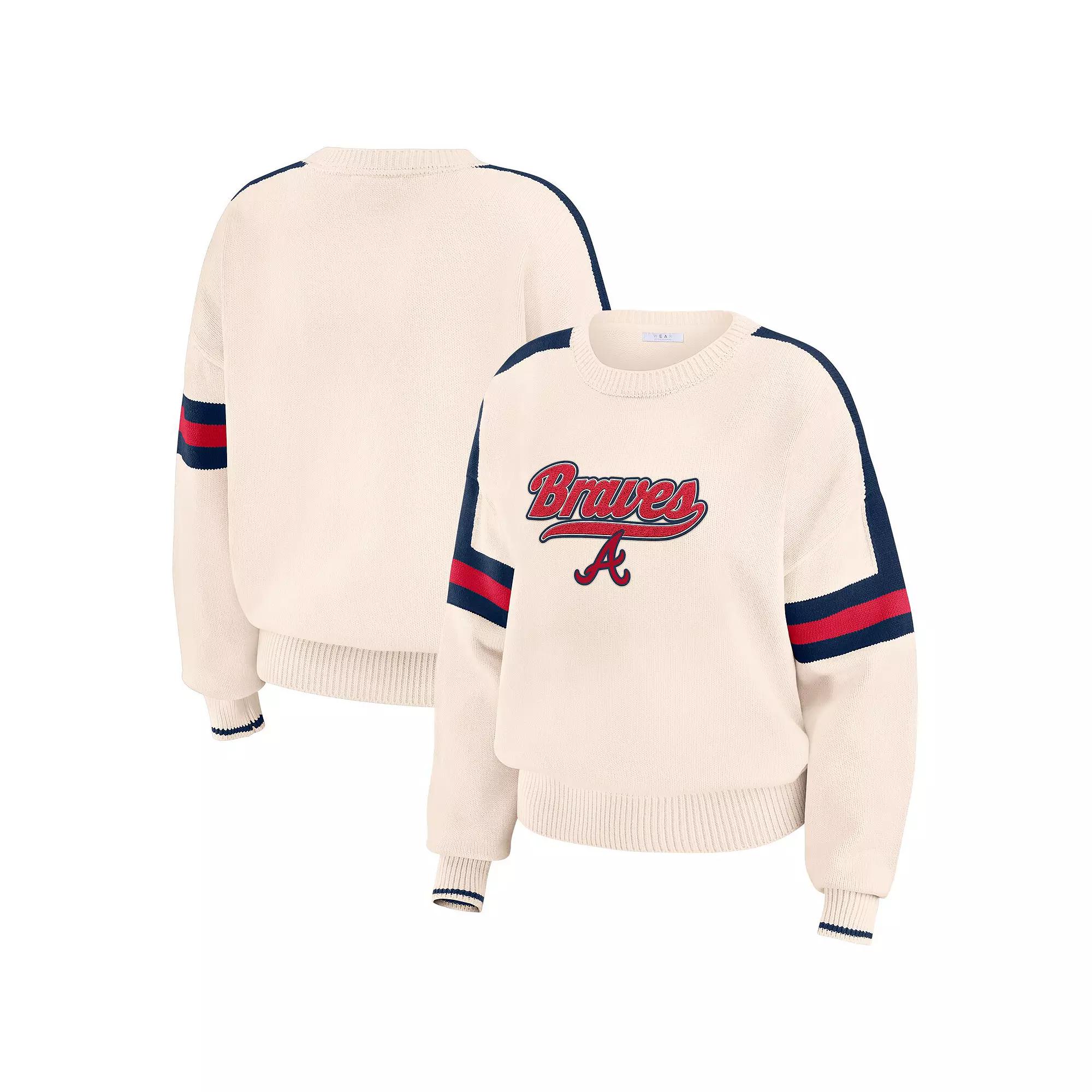 Women's WEAR by Erin Andrews Cream Atlanta Braves Stripe Pullover Sweater,  Product Image