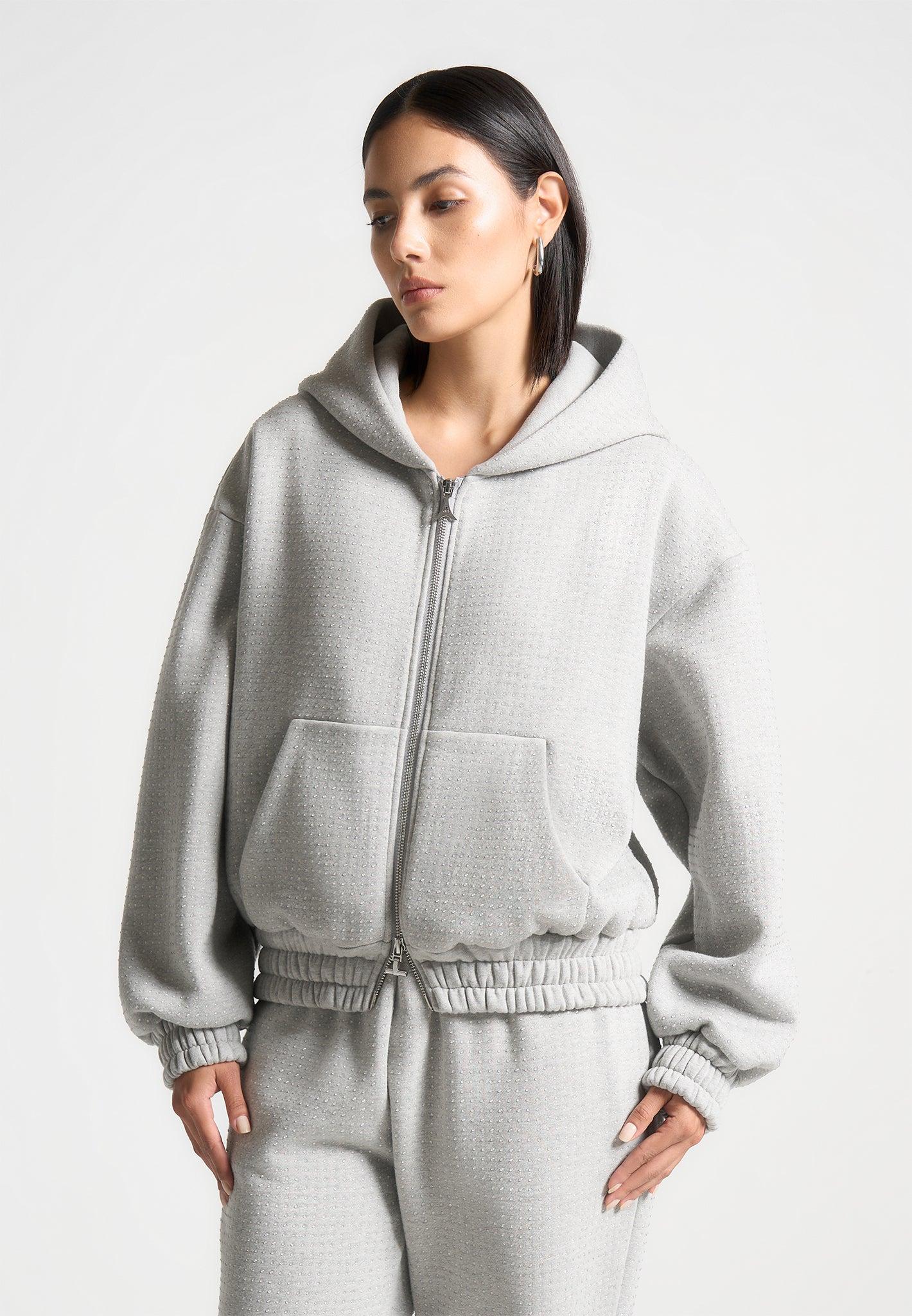 Rhinestone Zip Through Hoodie - Grey Female Product Image