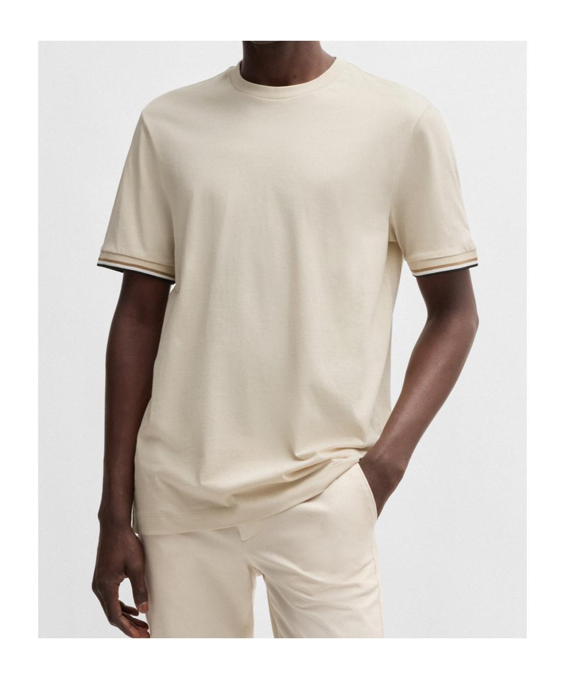 HUGO BOSS Cotton-jersey T-shirt With Signature-stripe Cuffs In White Product Image