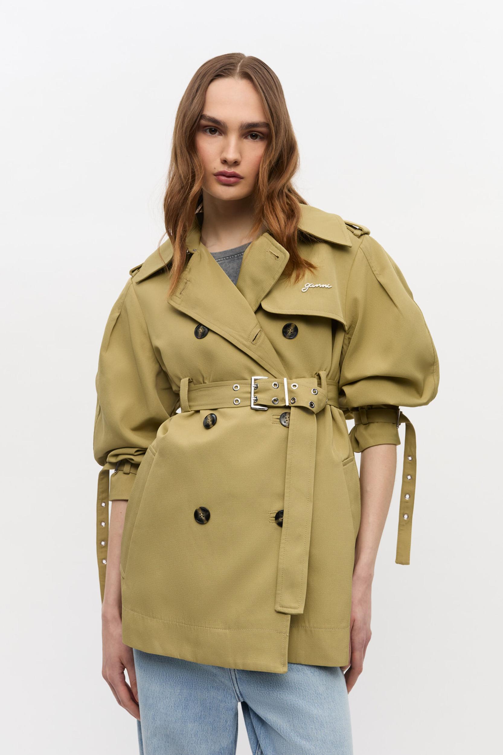 Beige Heavy Twill Midi Trench Coat Product Image