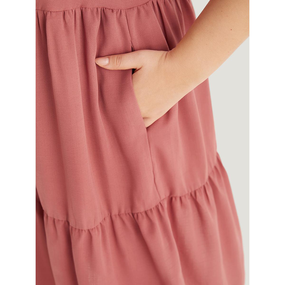 Plus Size Solid Notched Lantern Sleeve Ruffle Layered Hem Dress Watermelon Women Elegant Plain Notched collar Half Sleeve Curvy Knee Dress BloomChic 22-24/3X Product Image