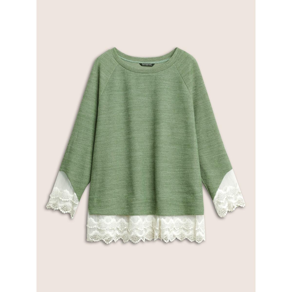 Plus Size Guipure Lace Raglan Sleeve Plisse Sweatshirt Women Green Elegant Embroidered Round Neck Everyday Sweatshirts BloomChic 14-16/1X Product Image