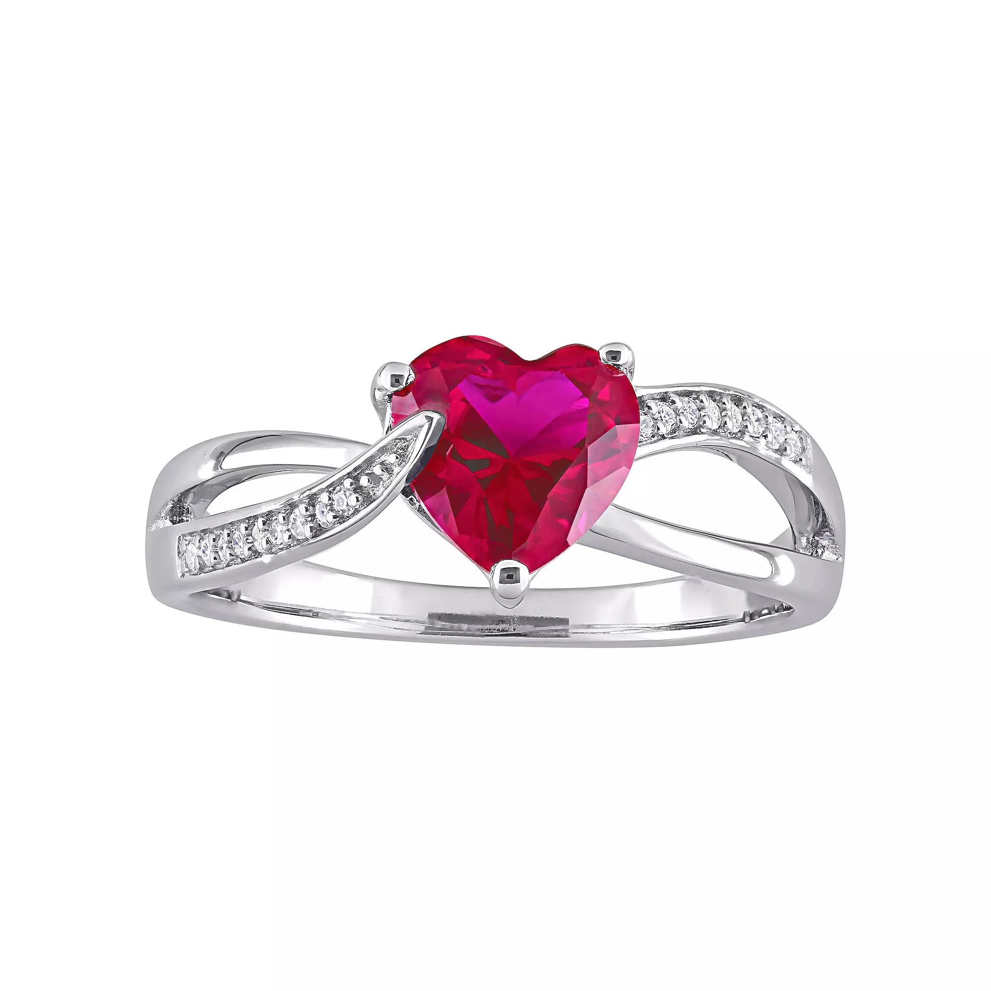 Stella Grace Sterling Silver Lab Created Ruby & Diamond Accent Heart Crossover Ring, Women's, Size: 7.50 Product Image