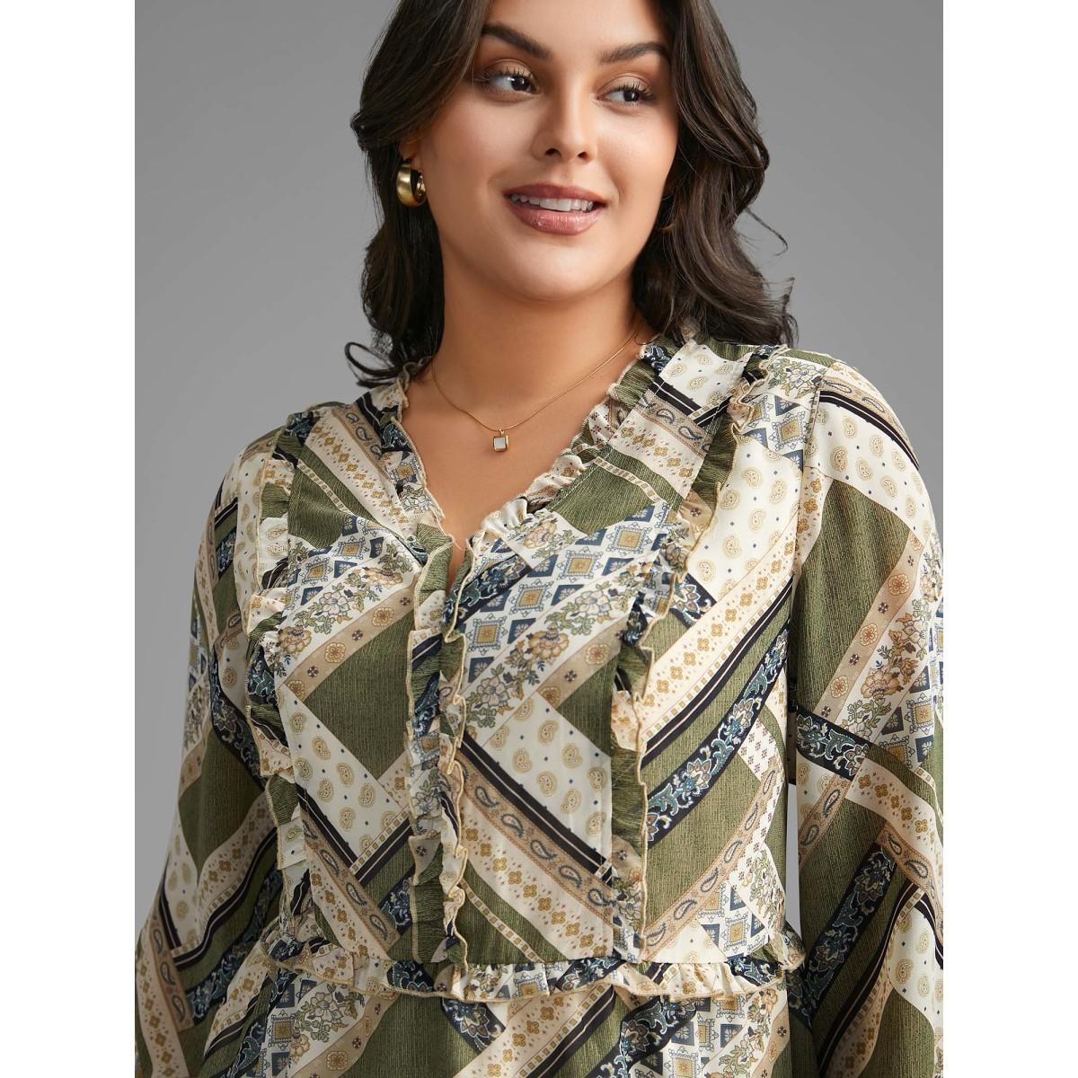 Plus Size Beige Bandana Print V Neck Ruffle Trim Blouse Women Elegant Long Sleeve V-neck Everyday Blouses BloomChic 22-24/3X Product Image