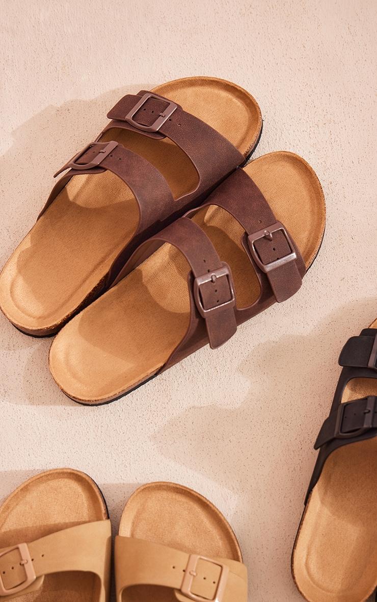 Chocolate Faux Suede Round Toe Buckle Sandals Product Image