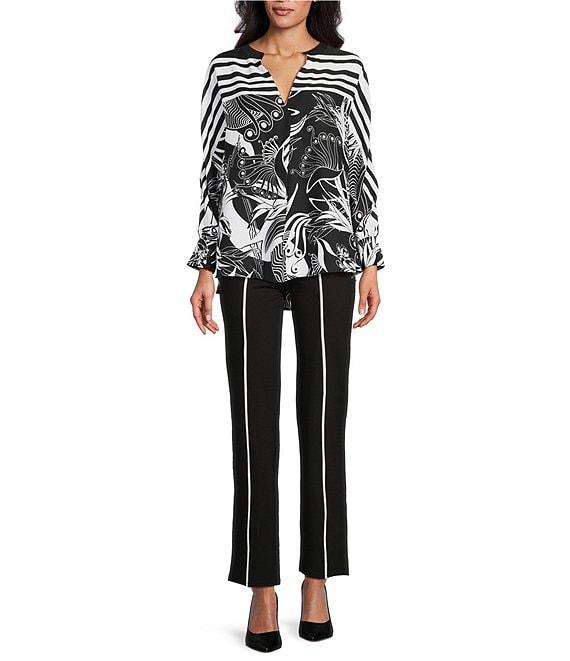 Slim Factor by Investments Stylized Floral Border Print Long Sleeve Split V-Neck Top Product Image