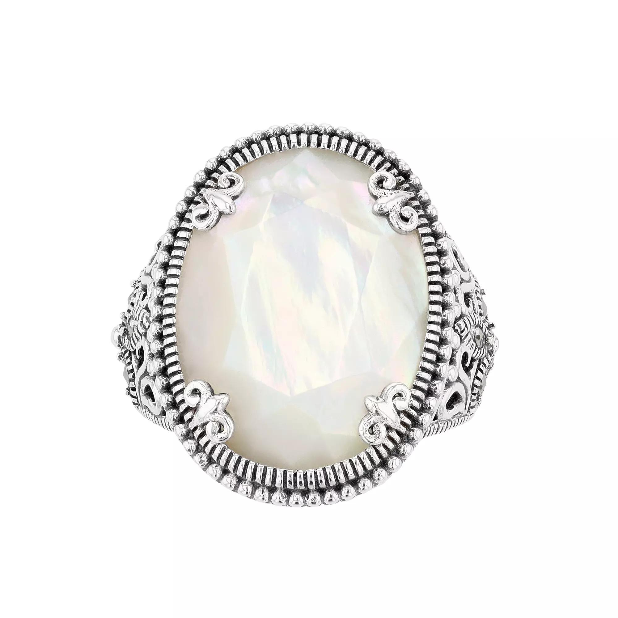 Lavish by TJM Sterling Silver Oval Mother-of-Pearl & Marcasite Cocktail Ring, Women's, Size: 8 Product Image