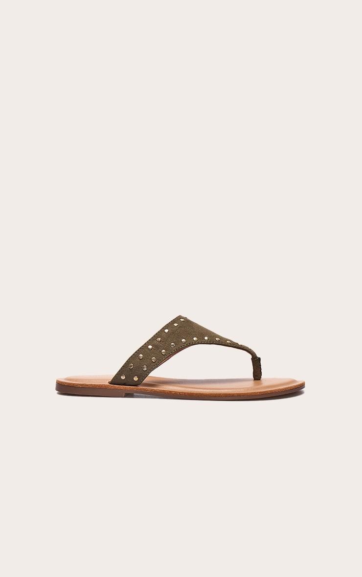 Olive Faux Suede Stud Detail Toe Thong Flat Sandals Product Image