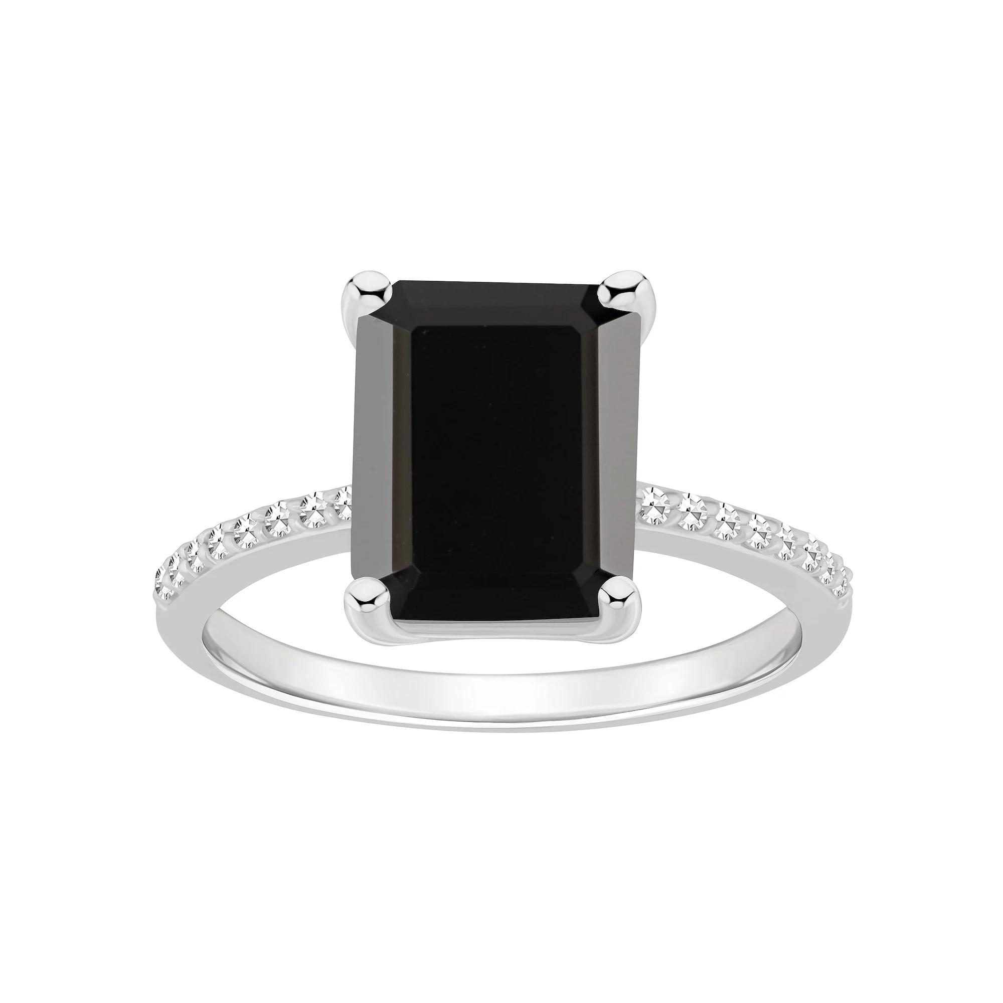Alyson Layne Sterling Silver Emerald Cut Black Onyx 1/10 Carat T.W. Diamond Ring, Women's,  Product Image