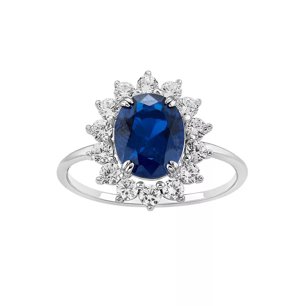 PRIMROSE Sterling Silver Simulated Sapphire Oval Center Stone With Cubic Zirconia Flower Polished Band Ring, Women's,  Product Image