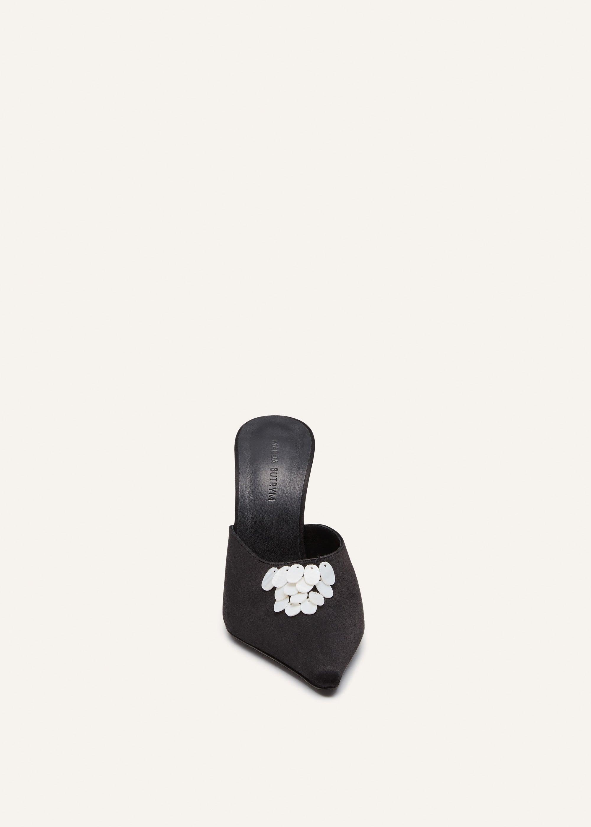 Pointed satin mules in black pearl Product Image