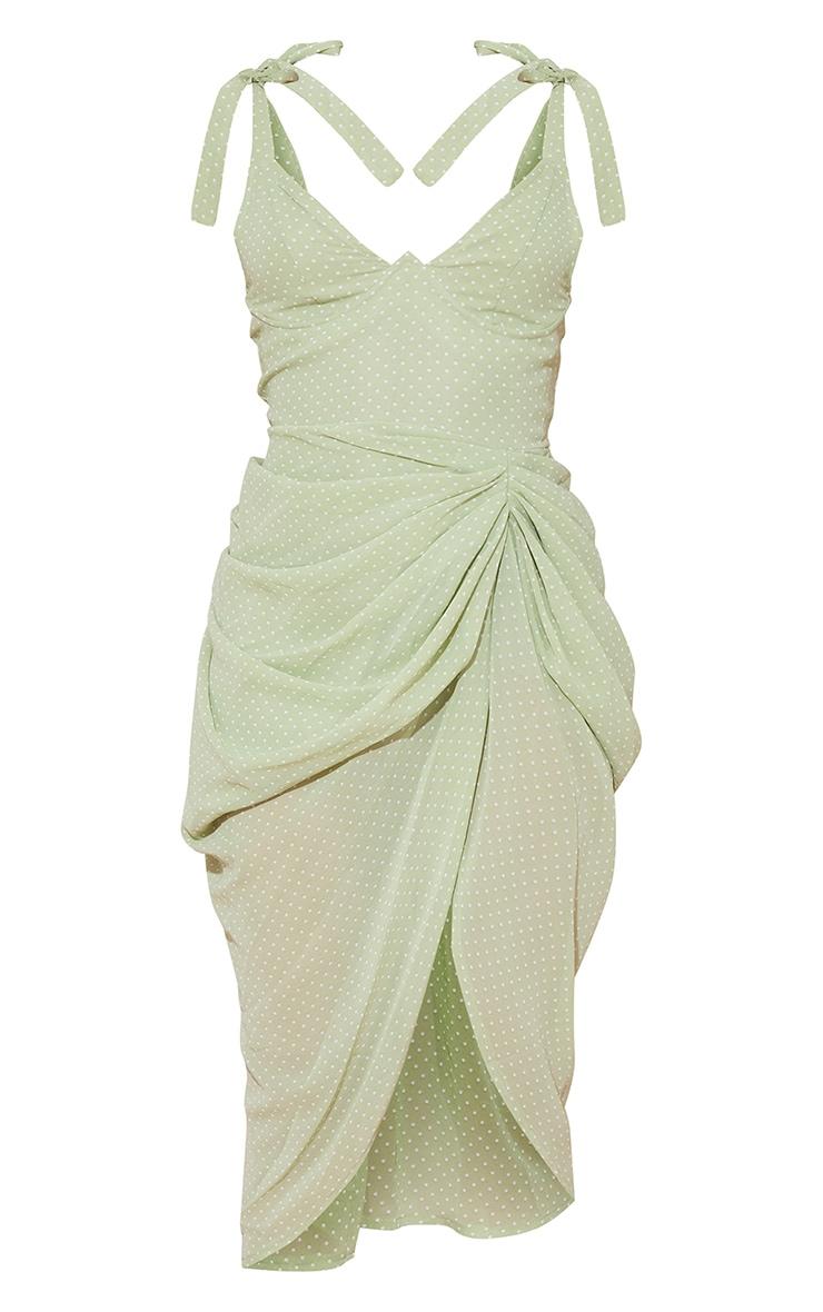 Sage Green Polka Dot Draped Underwire Detail Midi Dress Product Image