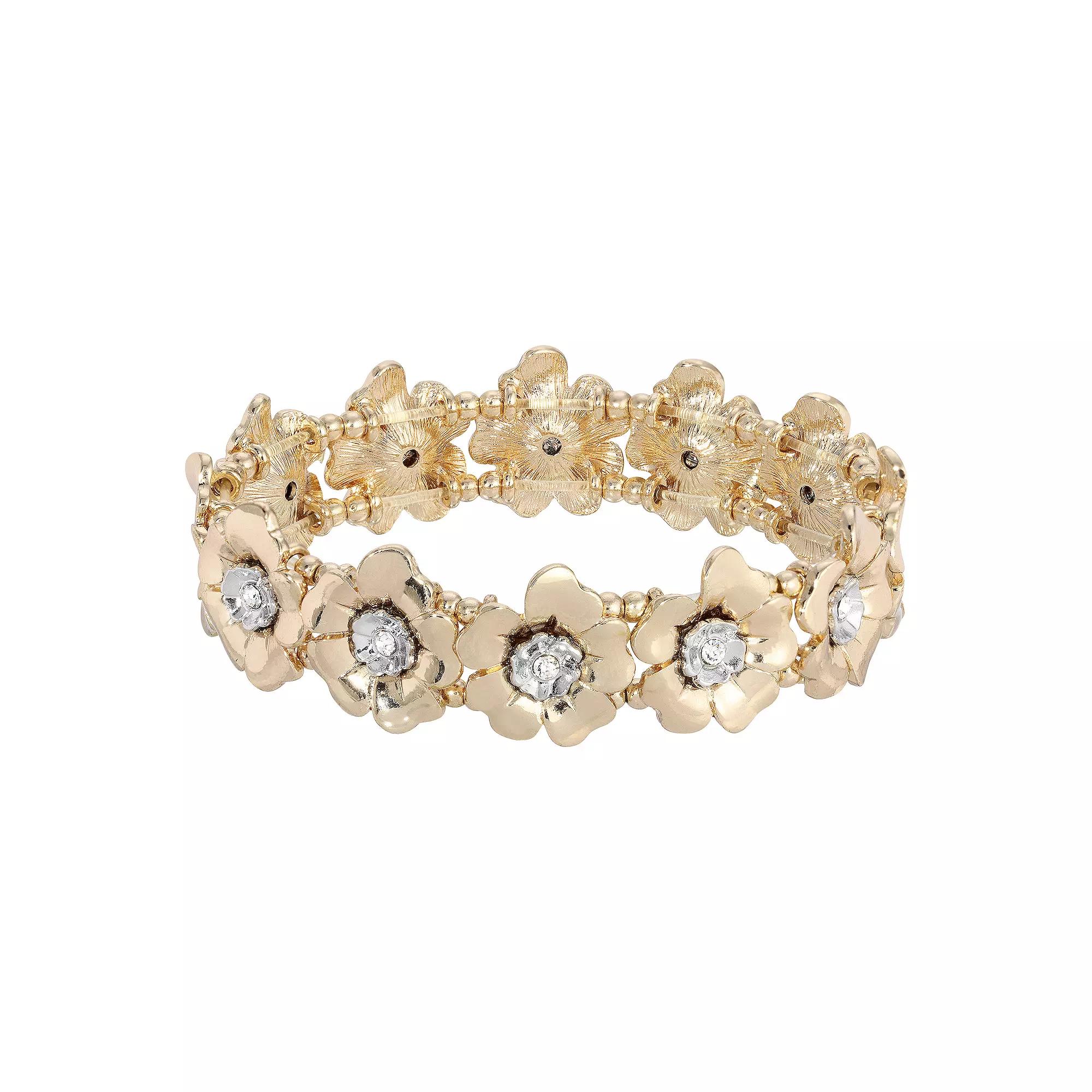 1928 Two Tone Crystal Flower Stretch Bracelet, Women's, Yellow Product Image