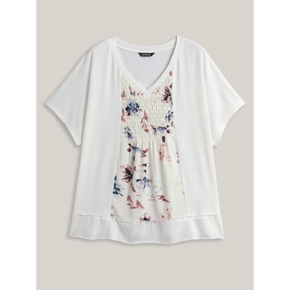 Plus Size Stretchy Handmade Shirred Relaxed-Fit T-Shirt WhiteSmoke Women Gathered V-neck Casual T-shirts BloomChic 14-16/1X Product Image