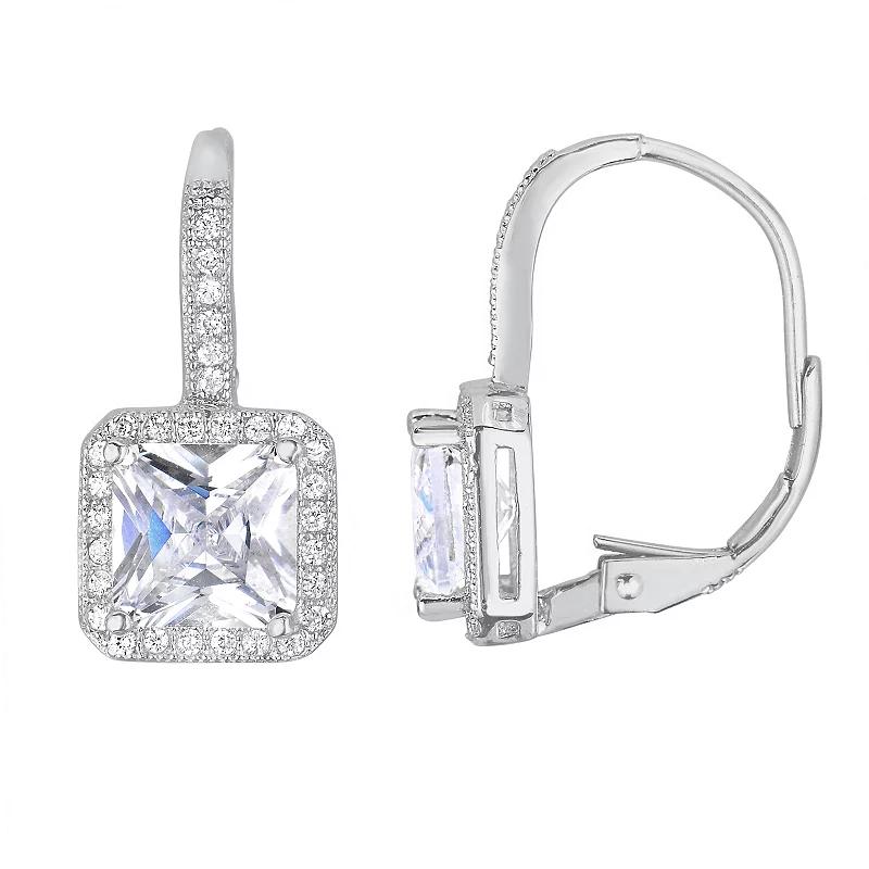 Sterling Silver Cubic Zirconia Square Drop Earrings, Womens Product Image
