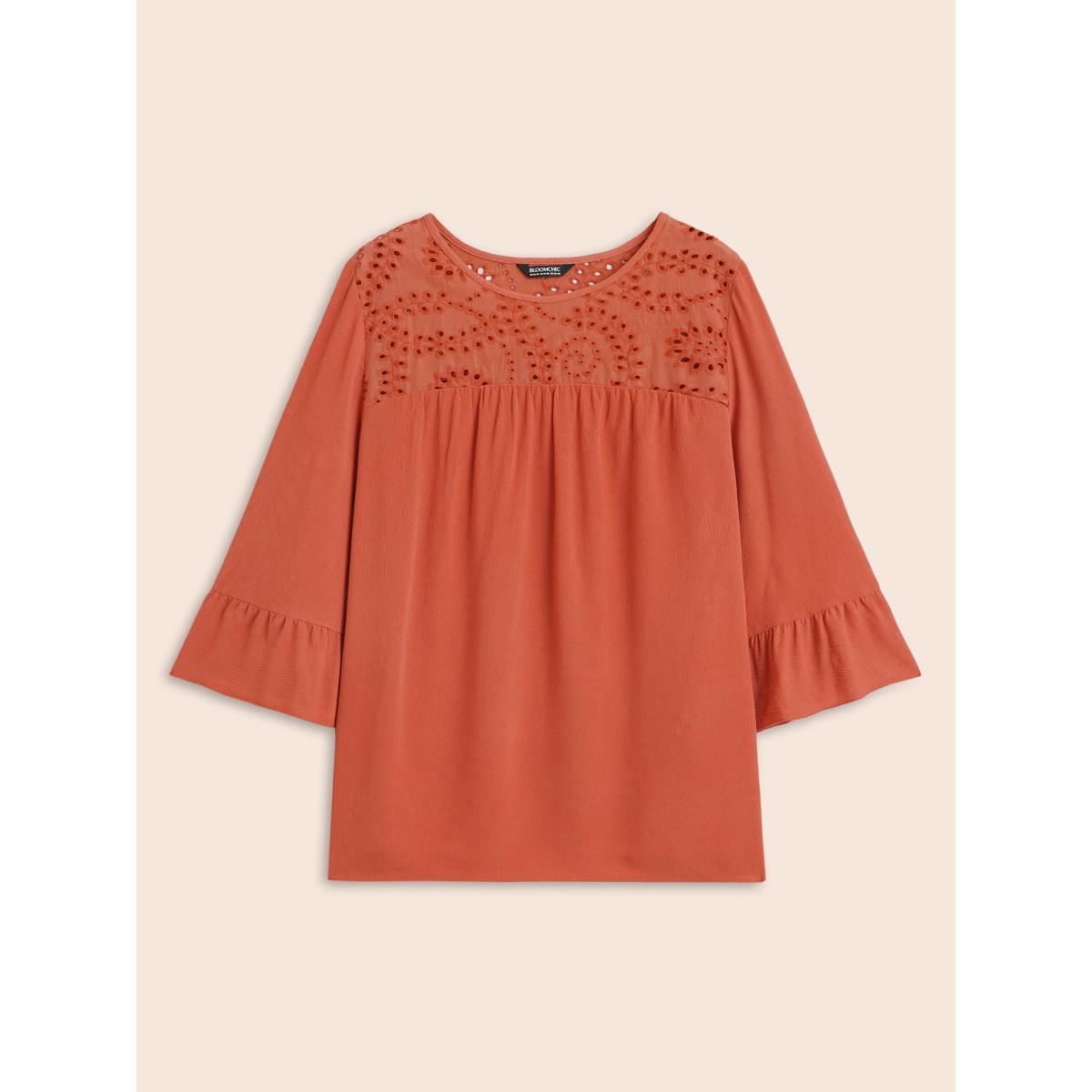 Plus Size Coral Broderie Anglaise Patchwork Ruffle Sleeve Blouse Women Elegant Elbow-length sleeve Round Neck Everyday Blouses BloomChic 22-24/3X Product Image