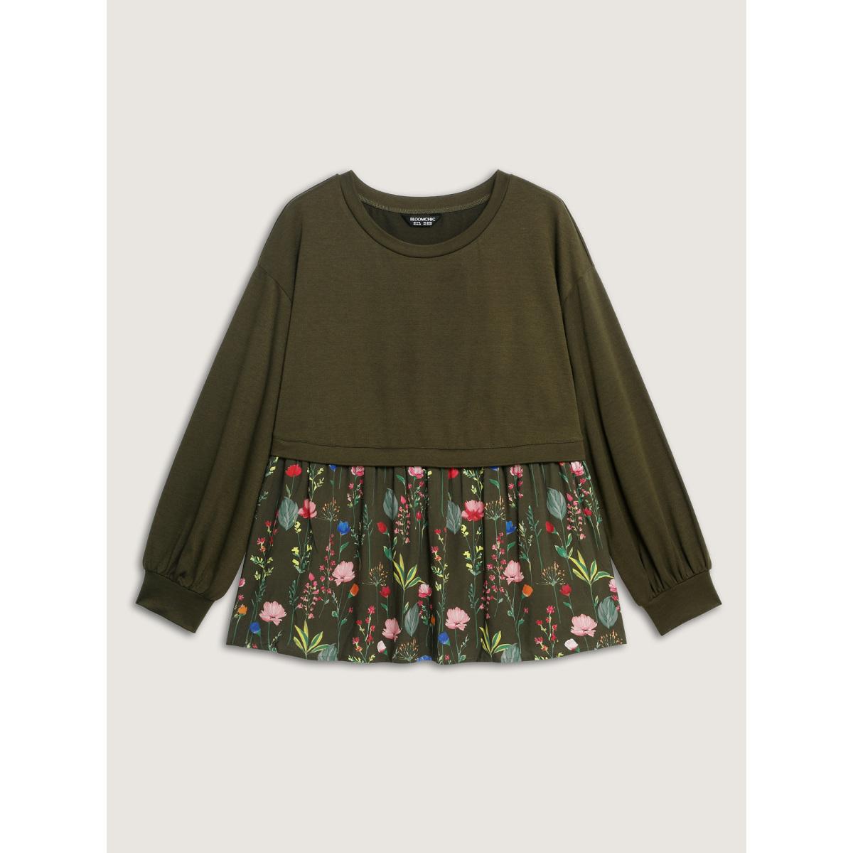 Plus Size Rayon Floral Print Contrast Sweatshirt Women ArmyGreen Leisure Contrast Round Neck Casual Sweatshirts BloomChic 12/L Product Image