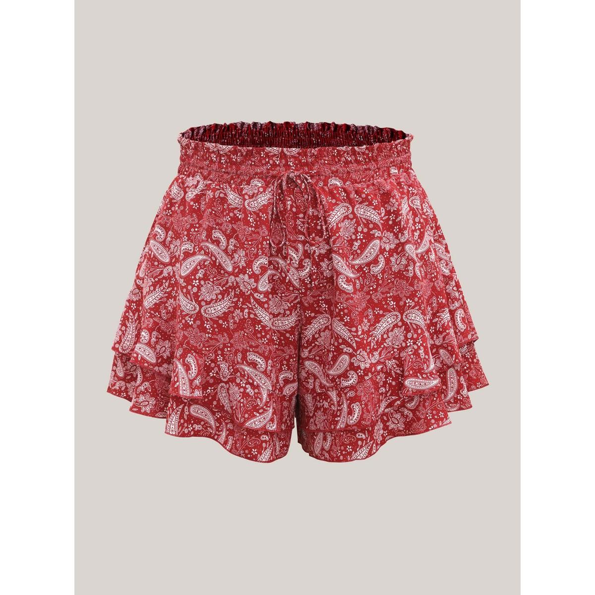 Plus Size Paisley Print Flared Wide-Leg Shorts Women Crimson Boho Drawstring Wide Leg Vacation Shorts BloomChic 12/L Product Image