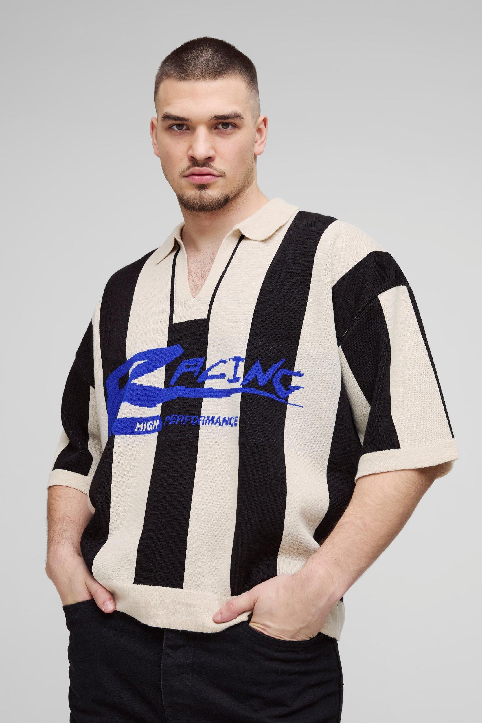 Tall Boxy Moto Stripe Knitted Polo | boohooMAN USA Product Image