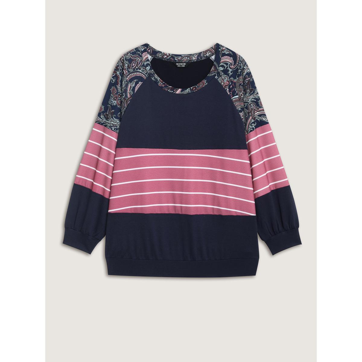 Plus Size Supersoft Colorblock Paisley Print Sweatshirt Women Indigo Leisure Round Neck Casual Sweatshirts BloomChic 30/6X Product Image