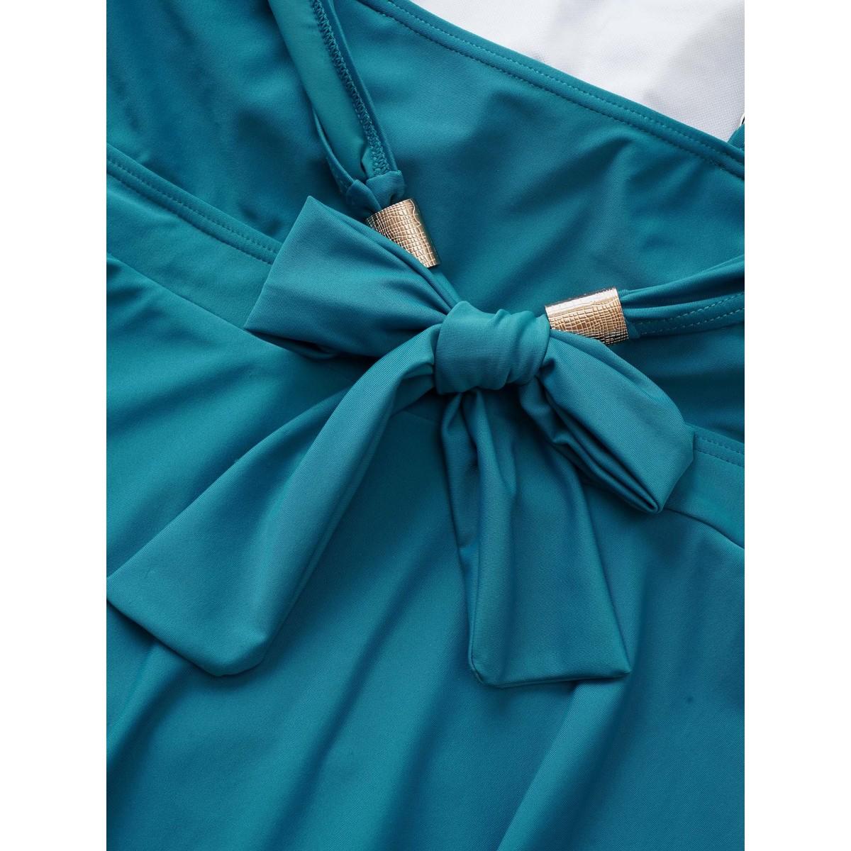 Plus Size Plain Ruched Adjustable Straps Bowknot Swim Dress Women's Swimwear Aegean Beach Bodycon V-neck High stretch Curve Swim Dresses BloomChic 14-16/1X Product Image