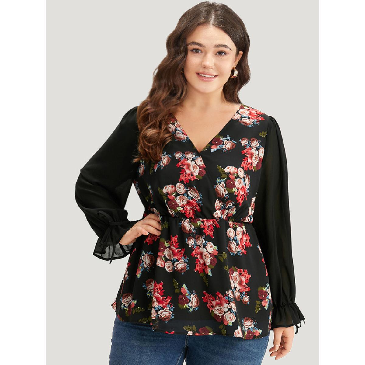 Plus Size Black Floral Print Patchwork Wrap Ties Lantern Sleeve Blouse Women Elegant Long Sleeve V-neck Dailywear Blouses BloomChic 30/6X Product Image