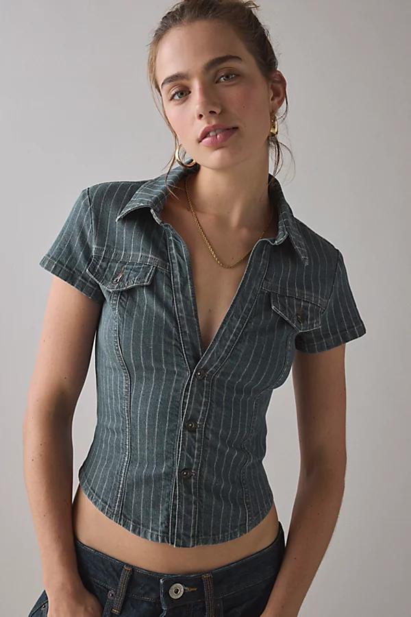 BDG Polly Denim Slim Short Sleeve Button-Up Shirt Top Womens at Urban Outfitters Product Image