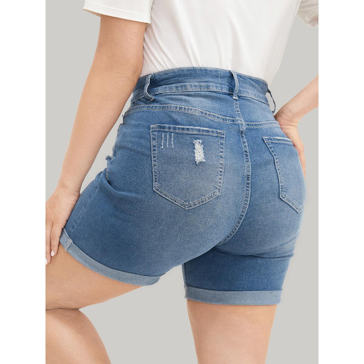 Plus Size Moderately Stretchy High Rise Roll Hem Single Breasted Jeans Women Blue Casual Plain Medium stretch Pocket Jeans BloomChic 10/M Product Image