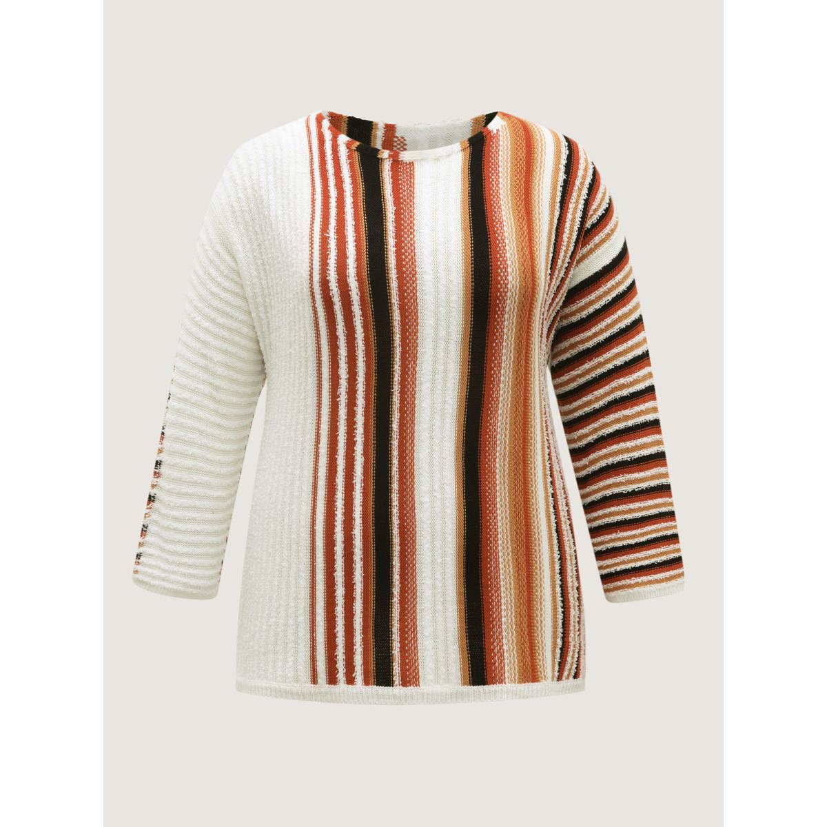 Plus Size Earthy Stripes Drop Shoulder Lightweight Pullover Ivory Women Boho Loose Long Sleeve Boat Neck Vacation Pullovers BloomChic 10/M Product Image