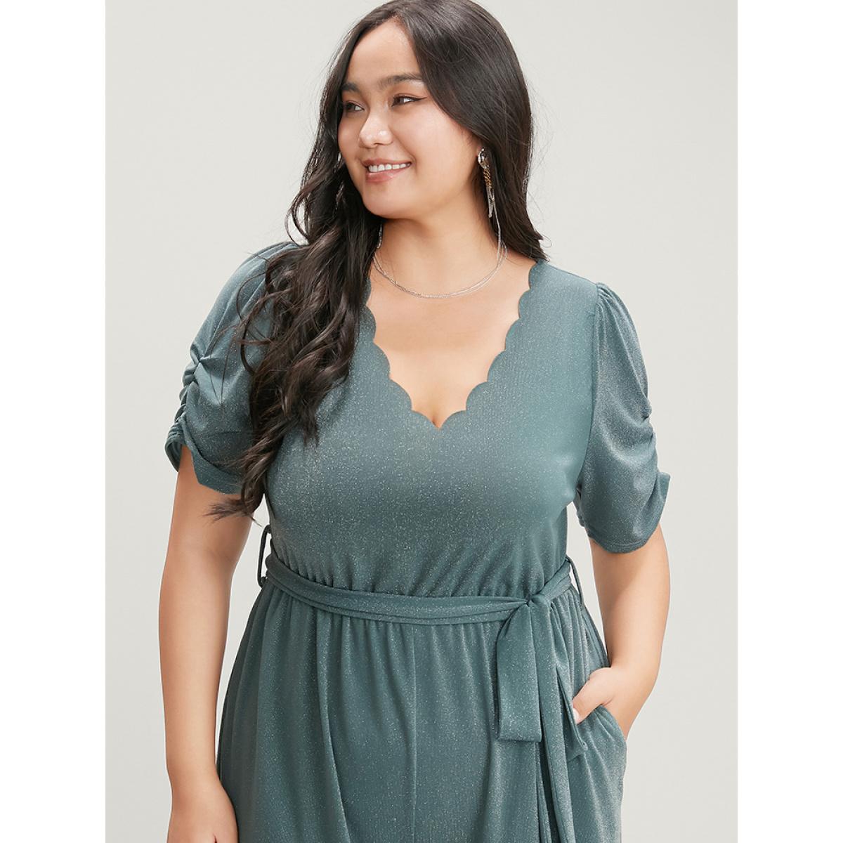 Plus Size Emerald Plain Scalloped Trim Ruched Glitter Pocket Belted Jumpsuit Women Elegant Short sleeve V-neck Party Loose Jumpsuits BloomChic 22-24/3X Product Image