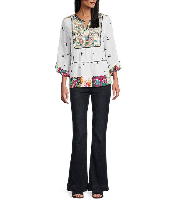 John Mark Flocked Floral-Embroidered Split Neck 3/4 Sleeve Top Product Image