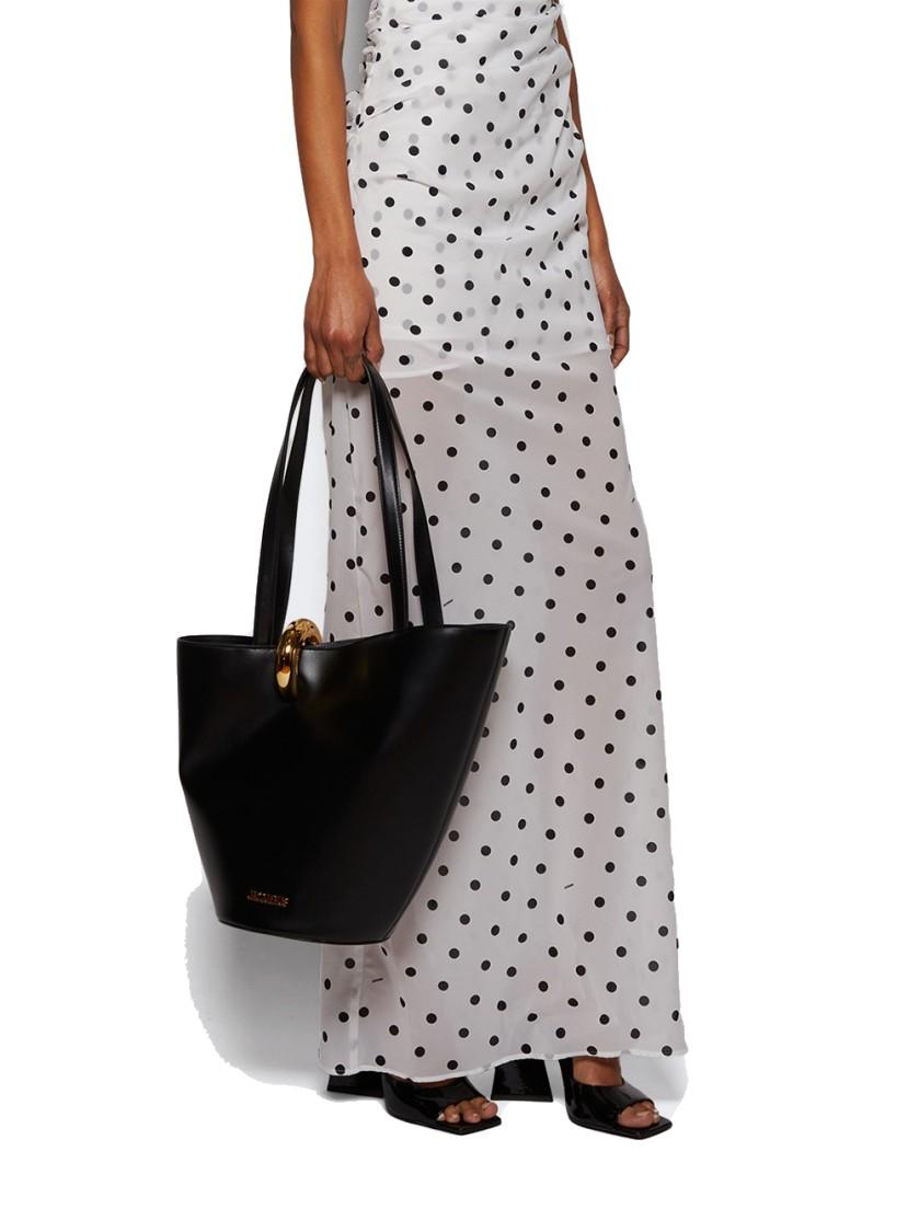 JACQUEMUS The Medium Bambola Asymmetric Leather Bucket Bag In Black 990 Product Image