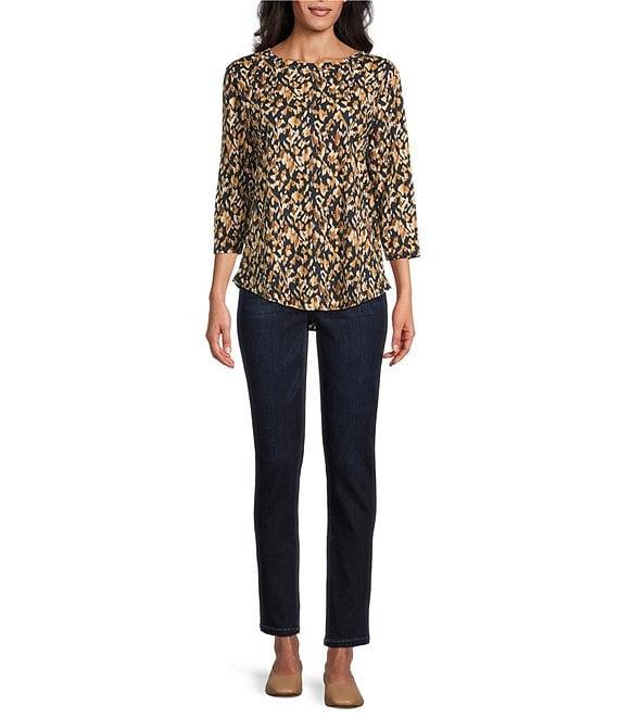 Westbound Petite Size Celestial Chalk Leopard 3/4 Sleeve Crew Neck Knit Top Product Image