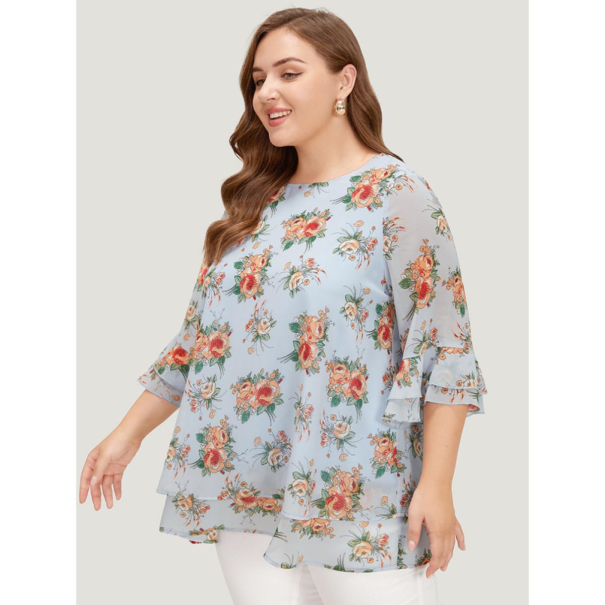 Plus Size LightBlue Floral Ruffle Sleeve Layered Hem Blouse Women Elegant Elbow-length sleeve Round Neck Dailywear Blouses BloomChic 22-24/3X Product Image