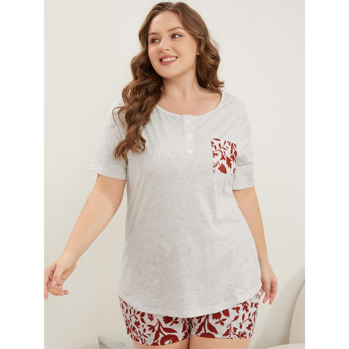 Plus Size Plant Print Button Up Pocket Round Neck Sleep Top Women WhiteSmoke Elegant Silhouette Floral Print Pocket Round Neck Pocket Loungewear BloomChic 14-16/1X Product Image